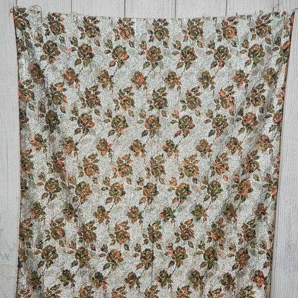 VTG 70s Fabric - Silver Lurex & Orange, Green, & Brown Roses, 35.5x168 - Picture 1 of 7